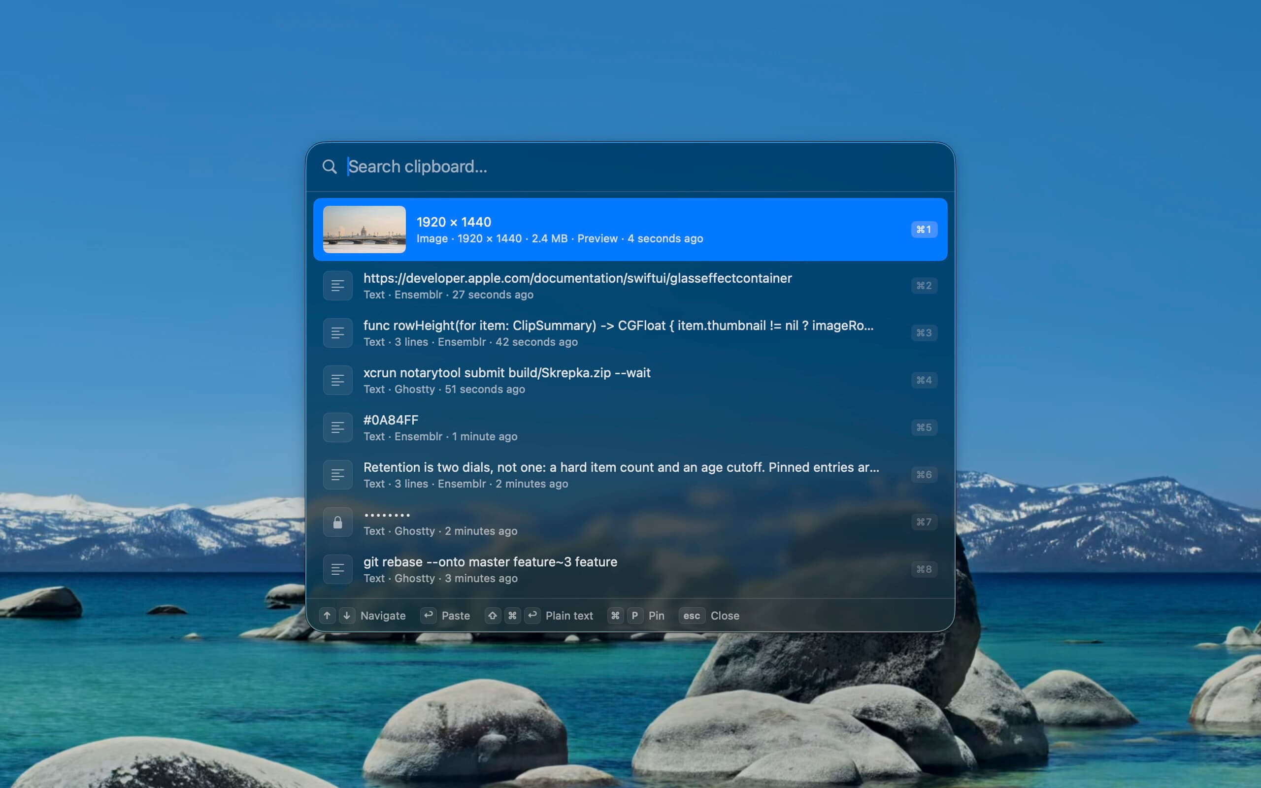 The Skrepka picker on macOS: a Liquid Glass panel over the desktop listing a copied photo, a link, code, a hex color and a masked password, each with the app it was copied from and a ⌘1 to ⌘8 shortcut