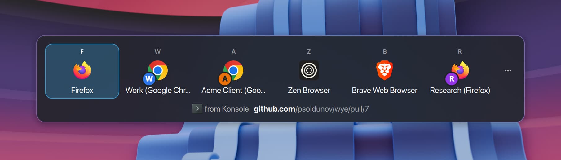 The Wye picker on KDE Plasma: tiles for Firefox, a Work and an Acme Client profile of Google Chrome, Zen Browser, Brave and a Research profile of Firefox, each under its hotkey, above the link it is about to open and the app it came from, Konsole